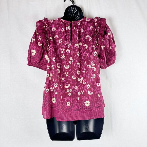 Ulla Johnson Arbor Red Embroidered Floral Puff Sleeve Cotton Top Size 0 - Picture 5 of 6